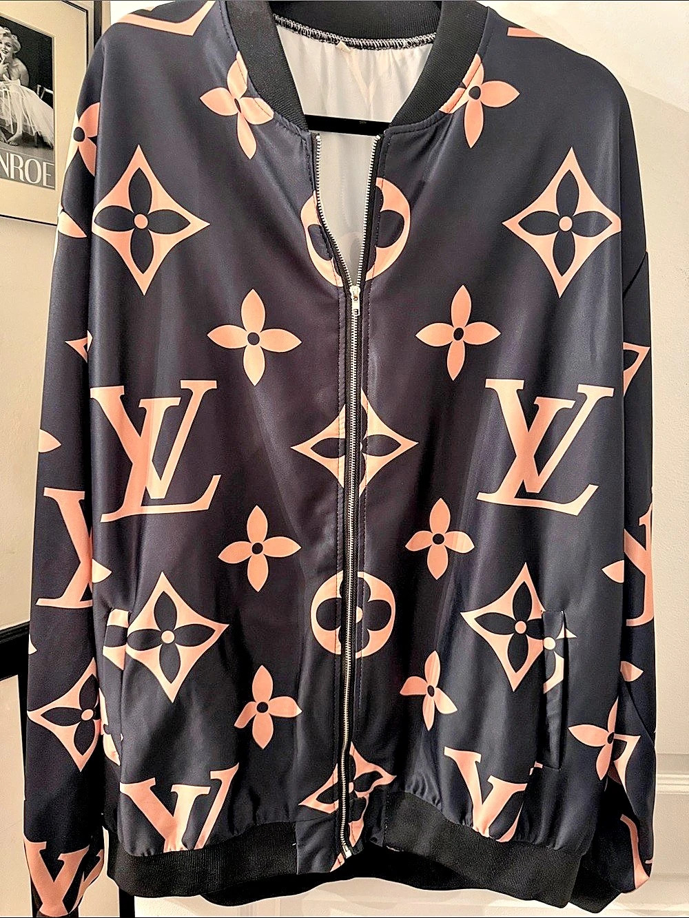 FAUX MONOGRAM Bomber Jacket in Black & BEIGE Like New SIZE 3X